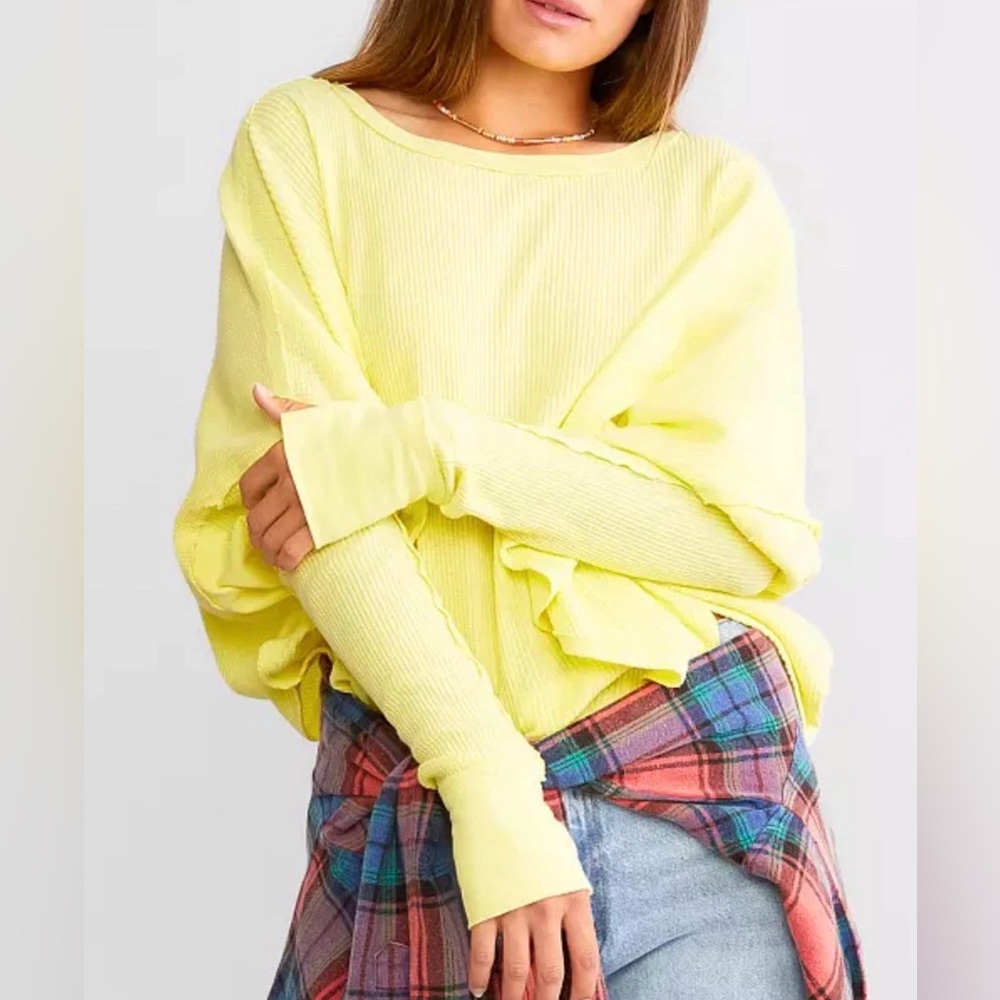WE THE FREE LEMON GRASS YELLOW‎ MICROPHONE DROP THERMAL WAFFLE KNIT TOP SHIRT XS
